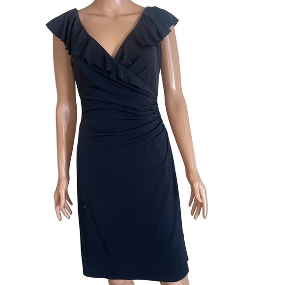 White House | Black Market Ruffled V Neck Dress Sz 4 knee length stretch LBD - Picture 2 of 9